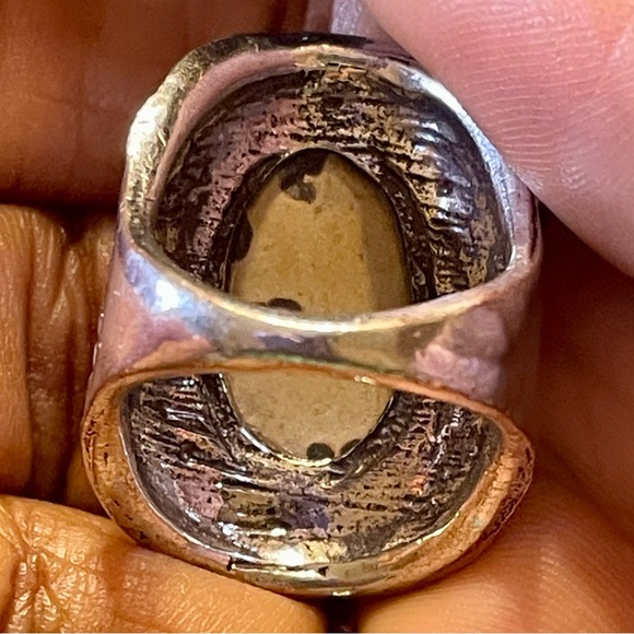 Vintage Dendritic Jasper Gemstone Silver Ring with Designed Sides Size 6